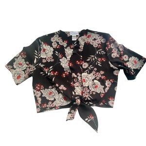 Floral Boho Tie-Front‎ Cropped Short Sleeve Blouse Size Medium